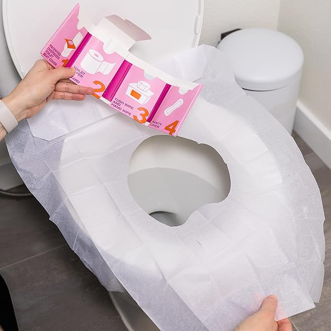The Restroom Kit Plus: All-in-One Hygiene Travel Kit for Women, 12-Pack with Panty Liner, Patented Seat Cover, 3-Ply Toilet Paper, and Wipes
