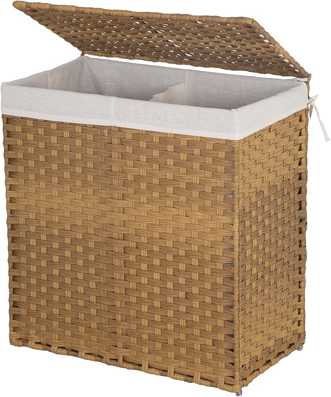 Paylesshere Laundry Basket Handwoven Laundry Hamper 90L/110L Foldable Rattan Laundry Hamper With Lid,2 Removable Liner Bags & 6 Bags,Clothes Bathroom Basket,Natural by PayLessHere