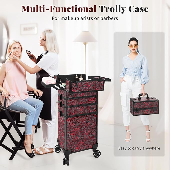 Rolling Makeup Train Case with Lid Cosmetology Case on Wheels | 5 in 1 Large Cosmetic Trolley Organizer Travel for Hairstylist Artist Nail Beauty Salon Barber Cart Trunk, Red - Image 7