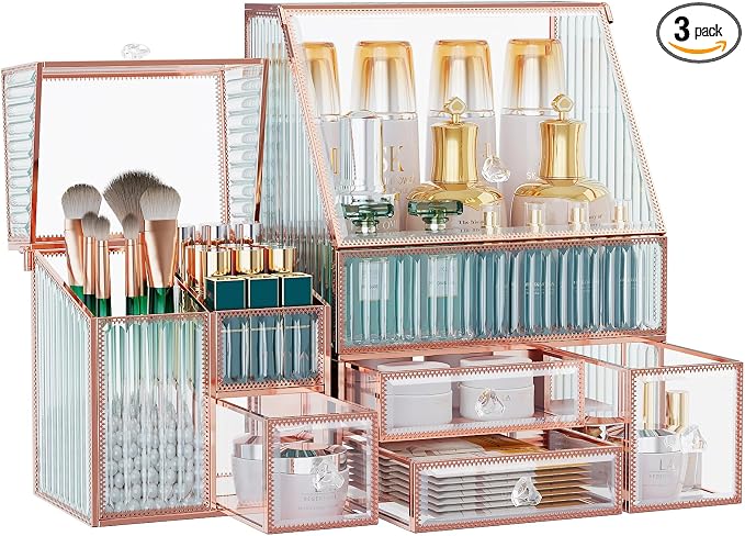 Youdepot Glass Makeup Organizer - Multi-Functional 3-in-1 Cosmetic Organizer for Skincare, Lipstick, Brushes - Vanity Organizer & Bathroom Organizer by Youdepot