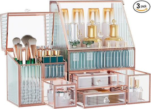 Youdepot Glass Makeup Organizer - Multi-Functional 3-in-1 Cosmetic Organizer for Skincare, Lipstick, Brushes - Vanity Organizer & Bathroom Organizer by Youdepot