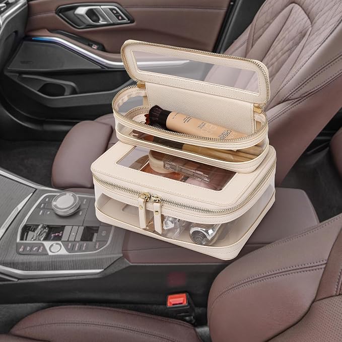 Pinkmik Clear Makeup Bag with Brush Case Travel Toiletry Bag Waterproof Cosmetic Organizer Car Essentials for Women (Beige, M+SLIM-1) - Image 6
