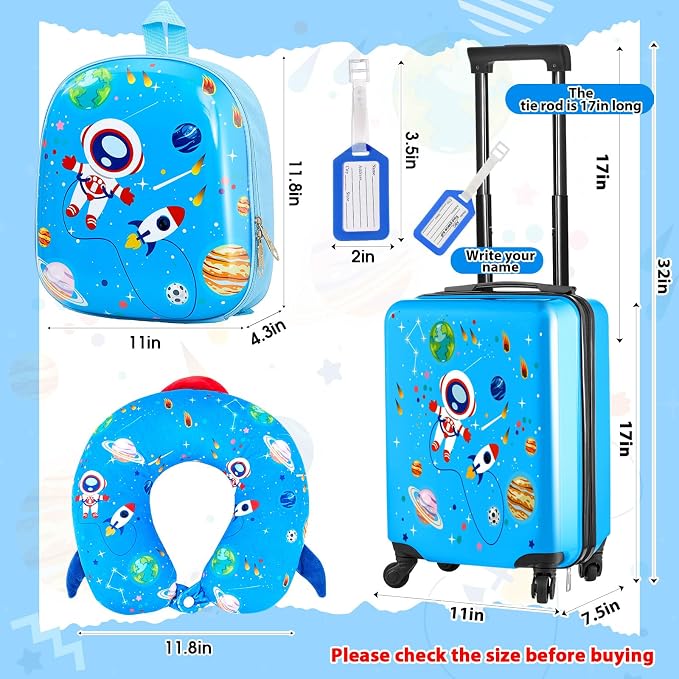Sanwuta 4 Pcs Kids Luggage Set Back to School Gifts for Girls Boys Carry On Rolling Suitcase Backpack Neck Pillow Travel Set(18 Inch,Astronaut Style,Blue) - Image 2