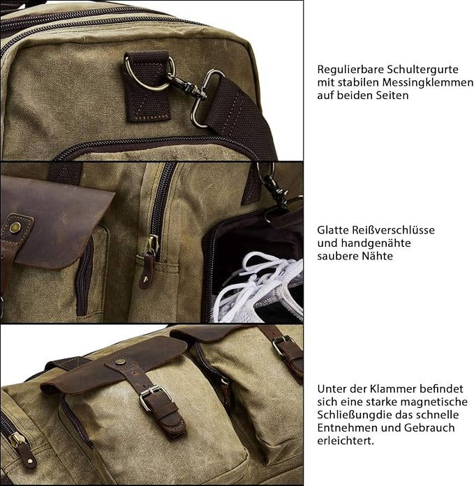 Waxed Canvas Duffel Bag with Shoe Compartment | Waxed Canvas Travel Bag for Men, Genuine Leather Trim, Shoe Compartment, Front Pockets, Weekend, Overnight and Carry-On Use - Image 4