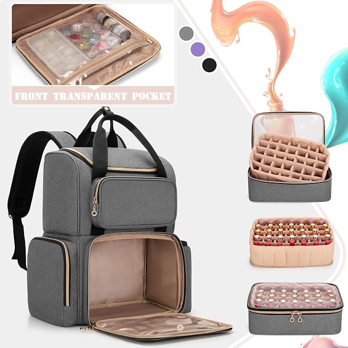 LUXJA Nail Polish Organizer Backpack Holds 70 Bottles and a UV Lamp | Travel Nail Bag with 2 Removable Cases, Ample Tools Storage Pockets, Adjustable Shoulder Straps, Trolley Sleeve, Gray - Image 3