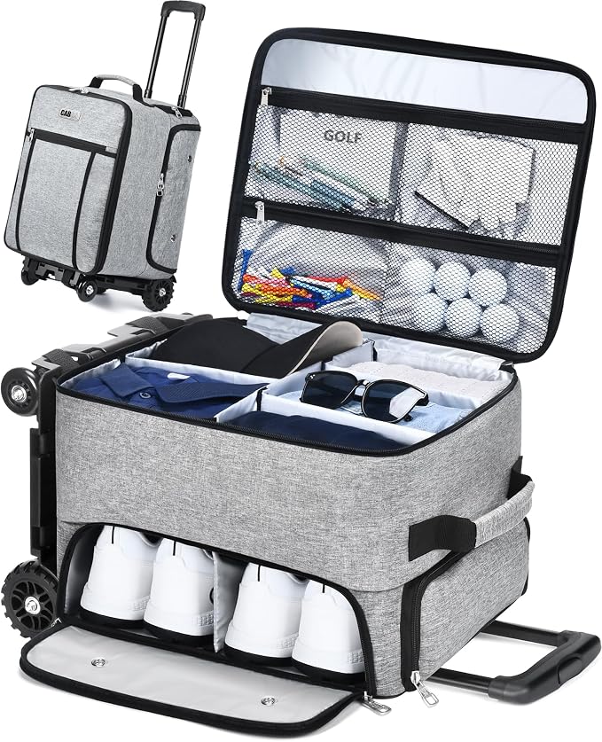CAB55 Golf Trunk Organizer with 4 Wheels, 2 Layer Waterproof Car Golf Organizer with Separate Ventilated Compartment for 2 Pair Shoes, Golf Trunk Storage for Clothes, Accessories, Golf Gifts by CAB55