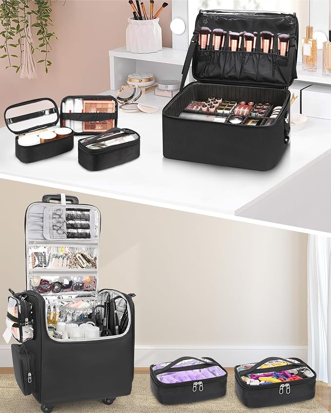 Relavel Rolling Makeup Train Case with Large Makeup Case, Hairstylist Traveling Bags with 5 Small Clear Bags, Cosmetology Case on Wheels, Hair Tools and Cosmetics Storage Organizer Trolley Suitcase - Image 2