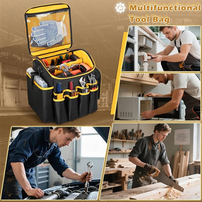 Marscamd Tool Bag with a Detachable Divider and Shoulder Strap, Heavy Duty Tool Tote with Multiple Pockets, Black - Image 7