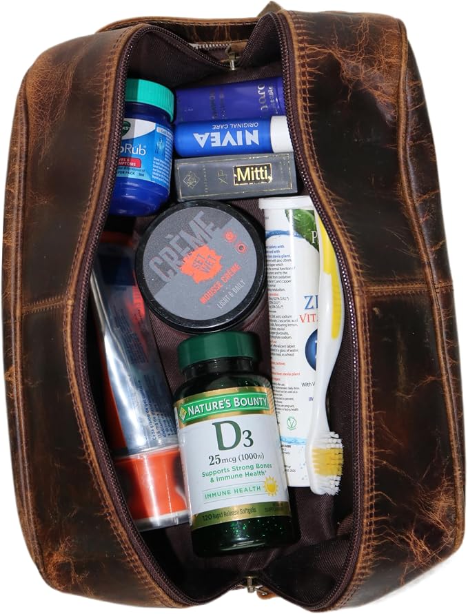 jaald Men's Genuine Brown Leather Toiletry Bag Shaving Bags And Grooming For Travel Groomsmen Gift Men Women Hanging Zippered Makeup Bathroom Cosmetic Pouch Case Make Up kit - Image 5