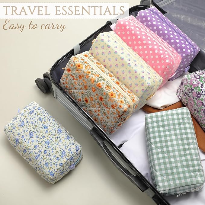 Paterr 10 Pcs Quilted Makeup Bag Bulk Cotton Floral Cosmetic Bag Women Girls Bridesmaid Gifts Cute Makeup Pouch Coquette Aesthetic Travel Toiletry Organizer(Plaid Style,7.87 x 4.72 x 3.15 Inches) - Image 5