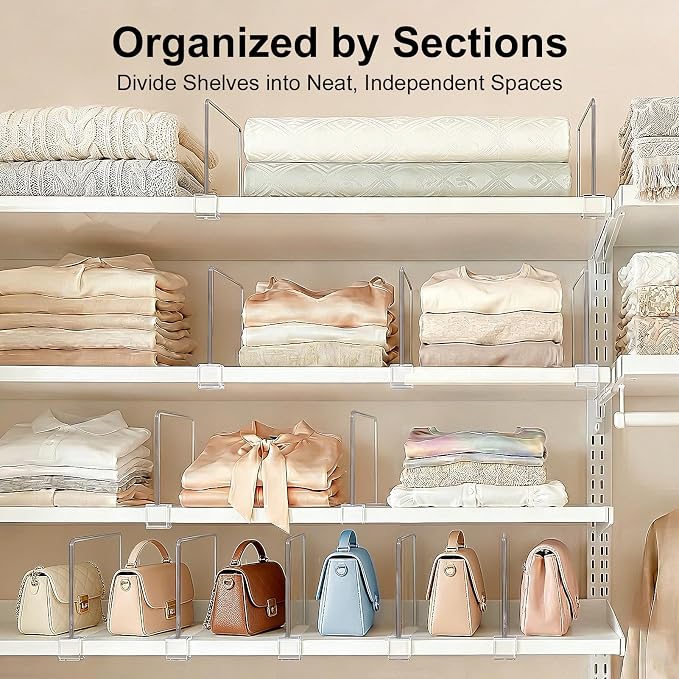 Purse Organizer for Closet Shelf Dividers: 6-inch Tall (Shorter Version) Adjustable Clear Acrylic Bag Storage Organizer for Handbags, Sweaters, Towels, Jeans and Shoes on Wood Shelves 4-Pack - Image 4