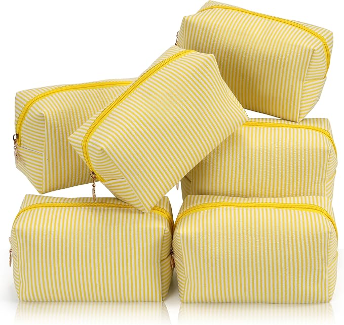 Makeup Bag Set for Women, 6PCS Travel Cosmetic Bags Pencil Case, Striped Seersucker Toiletry Organizer Pouches, Cute Makeup Pouch for Purse, Accessories and Gifts, Yellow by Unknown