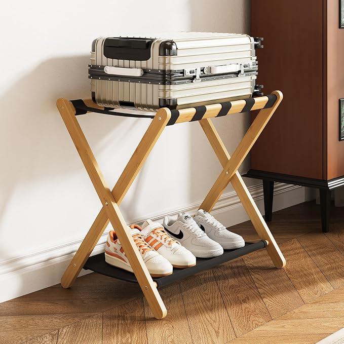 oakvivo Fully Assembled Luggage Racks Pack of 2, Bamboo Natural Foldable Luggage Rack for Guest Room, Suitcase Stand with Fabric Storage Shelf for Hotel, 5 Nylon Straps, 26.77" W x 16.93" D x 22.5" H - Image 9