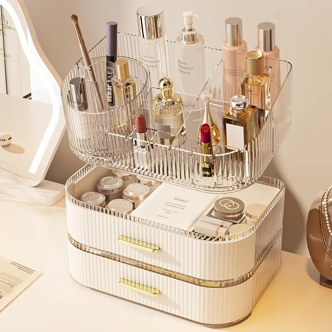Makeup Organizer with 360 Rotating Brush Holder and Stackable Drawers, Cosmetic Display Case for Vanity, Bathroom Countertop (White, 3 Layer) - Image 4