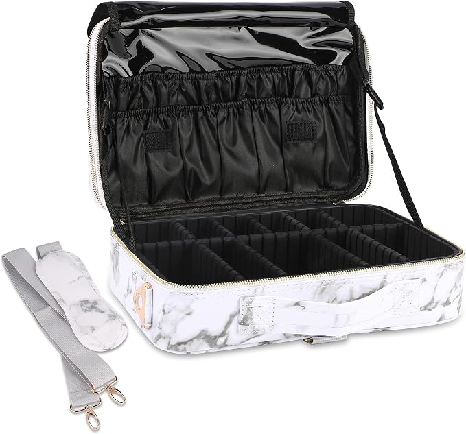 Travel Makeup Train Case,Large Capacity Cosmetic Bags for Women,Portable Makeup Bag Organizer with Adjustable Dividers & Shoulder Strap(Marble White, Medium) by JOURMON