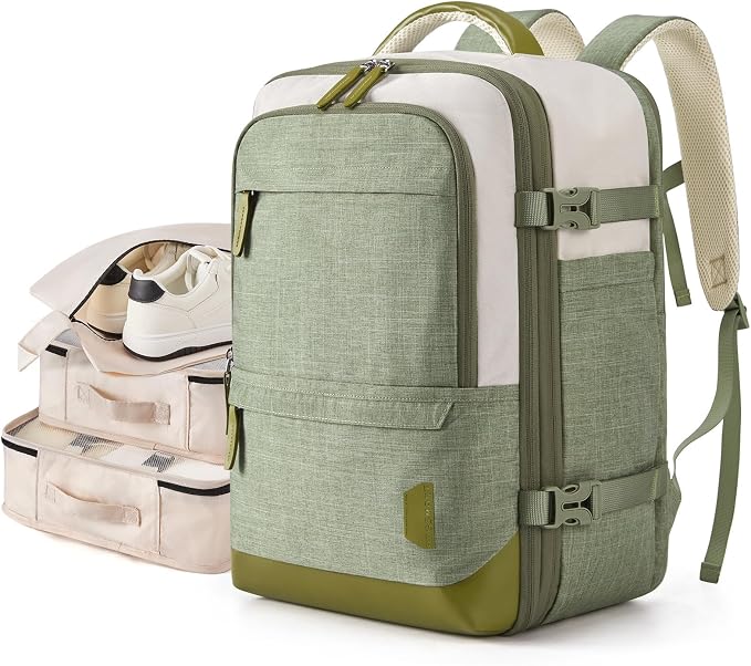 BAGSMART 37L Expandable Travel Backpack Compression Carry On Daypack | Green and White weekender bag fits 17" laptop. Water resistant luggage with packing cubes and shoe pouch. by BAGSMART