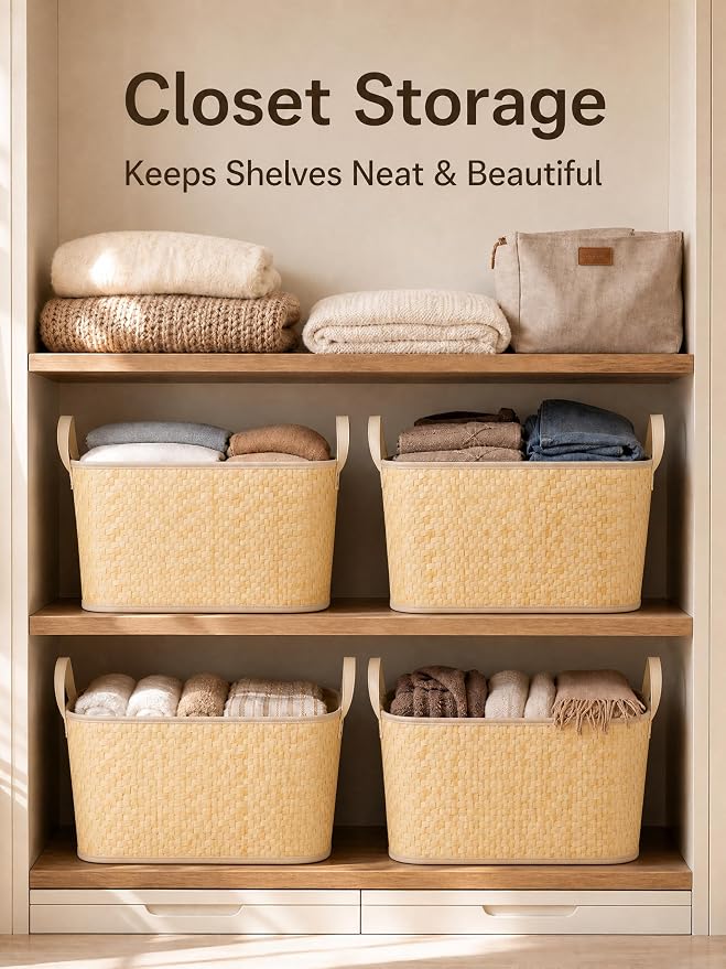 BROWNLILY Oversized Storage Baskets Laundry Hampers with Structured Frame & Supported Bottom, Extra Large Closet Bins for Shelves Blankets Car Bedroom Bathroom Organizers (Pack of 4, Natural) - Image 4