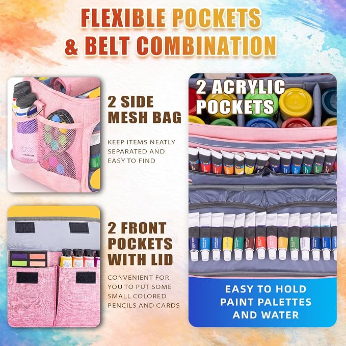 JJRING Acrylic Paint Organizer Bag With Adjustable Dividers, Pink | Versatile Art Supply Storage Case With 12-Slot Brush Holder & Clear Zipper Pocket For Multi-Size Bottles, Travel Tote - Image 3