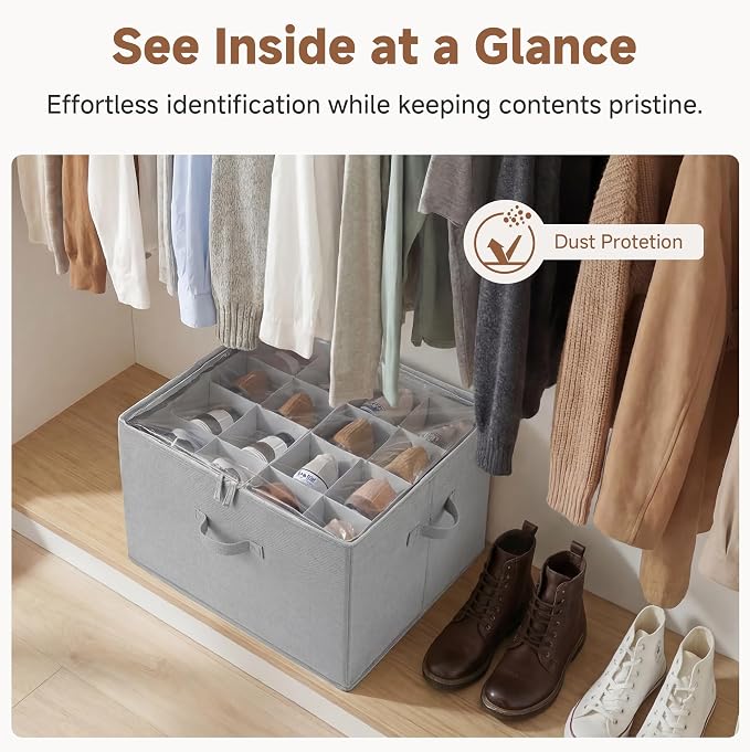 StorageWorks Shoe Organizer for Closet, Fits up to 16 Pairs, Shoe Cubby Storage Containers with Adjustable Dividers and Clear Cover, Grey - Image 5