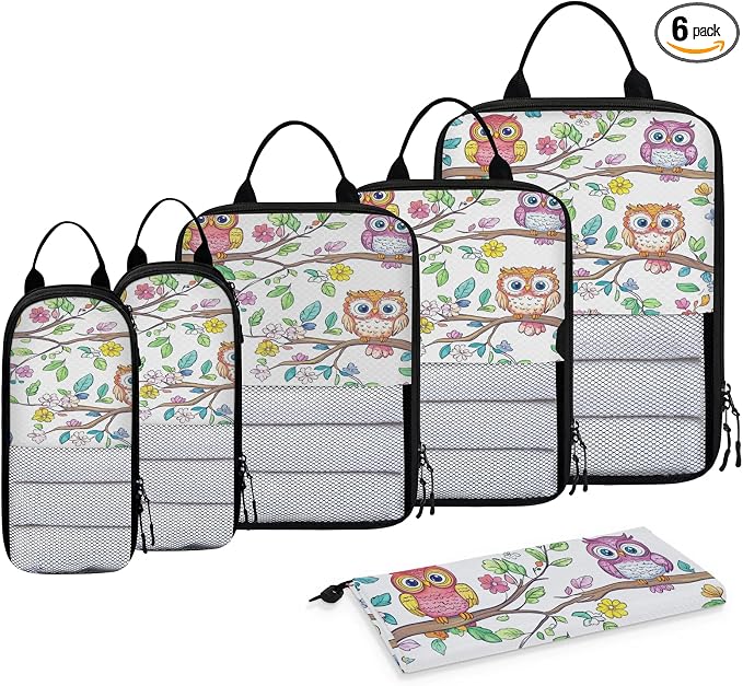 Floral Owl 6 Set Compression Packing Cubes for Travel Luggage Carry On Suitcase Compressible Expandable Packing Cubes Organizers Bag by BICUUZHI