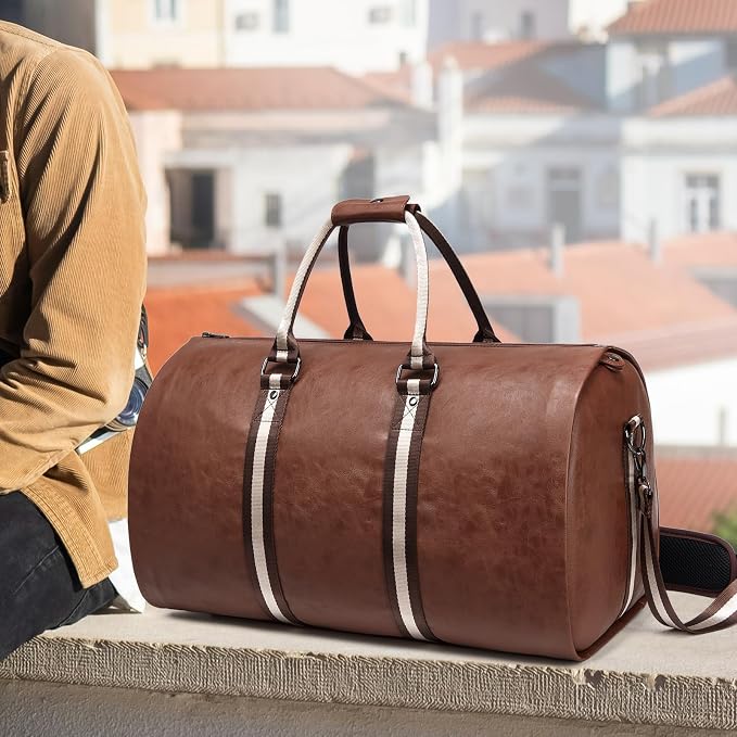 Leather Garment Bags for Travel, Convertible Carry on Garment Duffel Bag for Men, 2 in 1 Waterproof Foldable Travel Suit Bag with Shoulder Strap Weekender Bag with Shoe Pouch - Image 6