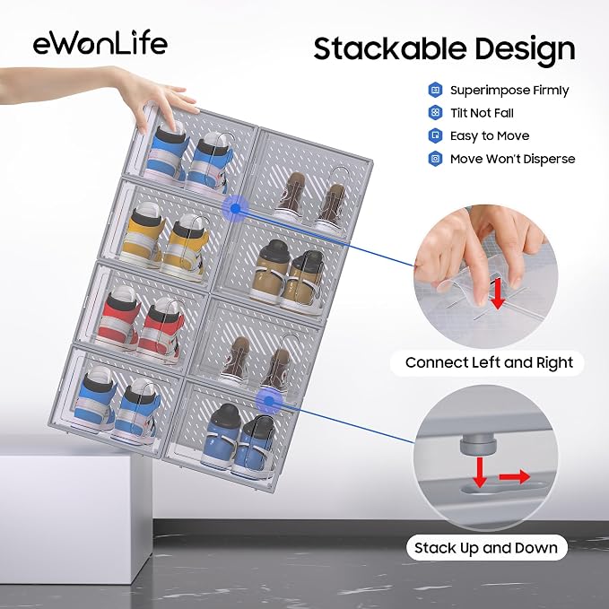 eWonLife Large Shoe Organizer Storage Box with Magnetic Door,12 Pack Clear Plastic Stackable Sneaker Containers for Closet, Connect Left and Right Shoe Box for Entryway, Drop Front, Under Bed (Grey) - Image 5