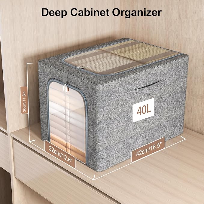 GoMaihe Clothes Storage Bins with Metal Frame, 4-Pack Closet Storage Bins with Lid & Clear Window, Sweater Boxes Organizer for Closet, Clothing Storage, Cationic Fabric 40L - Image 3