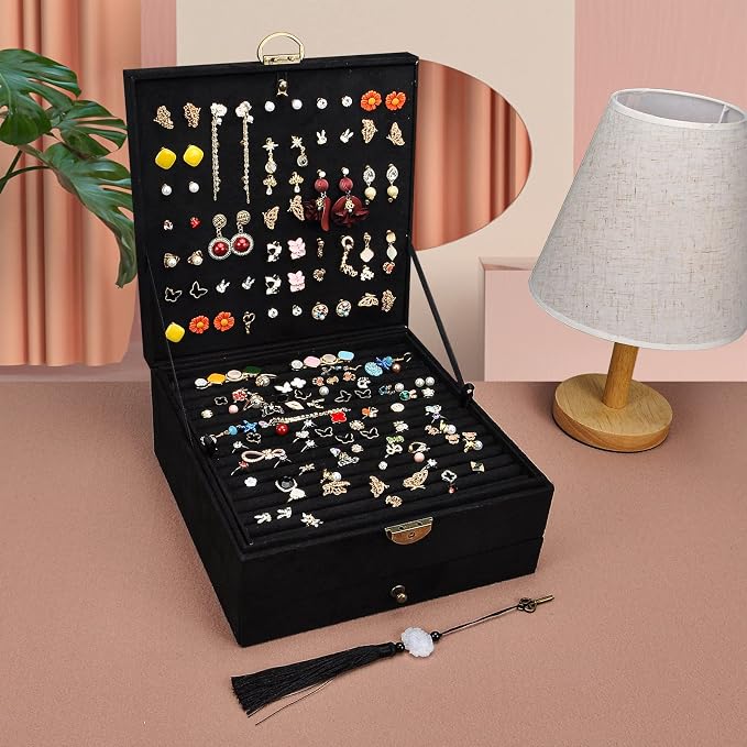 Jewelry Organizer 5 Layers Velvet Square Jewelry Box Women Necklace Ear studs Display Bangles Large Jewelry Storage Case Drawer GY306 (Black) - Image 4