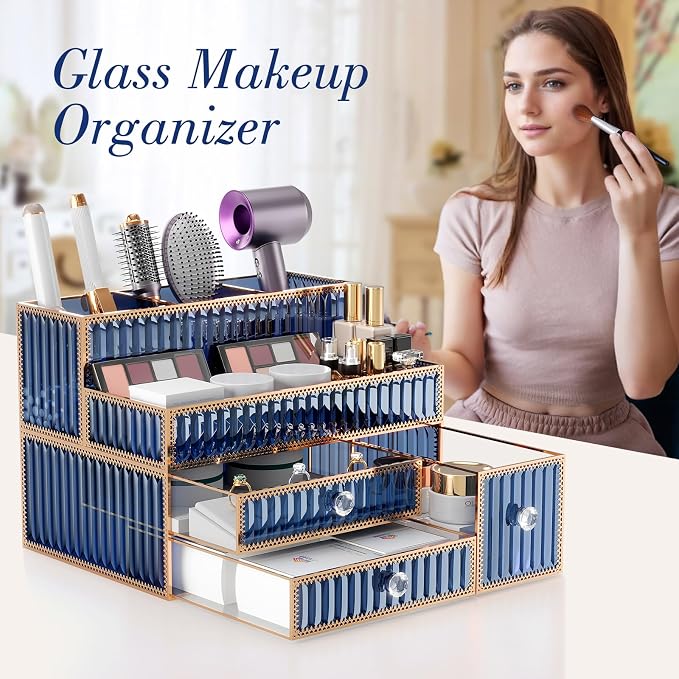Youdepot Makeup Organizer Blue - Tempered Glass Vanity Organizer for Cosmetics, Skincare, Hair Tools, Brushes, Perfume - Multipurpose Bathroom Counter Skincare Organizer - Image 4