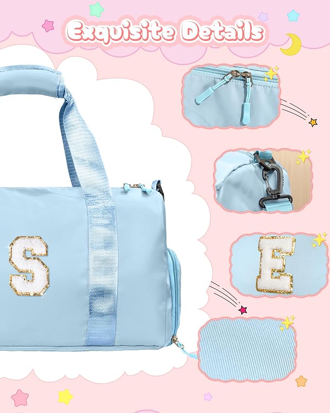 Sister Gifts from Sisters-Girl Gym Bag with Shoe Compartment, Kid Personalized Weekender Dance Bags, Initial Travel Tote with Makeup Pouch, Preppy Things for Kids Girls (Letter E) - Image 4