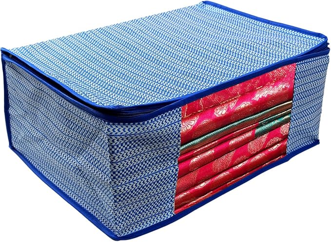 ANKIT INTERNATIONAL Saree Cover Storage Bags Pack of 09 – Non Woven Foldable Clothes Storage Organizer with Zipper & Clear Window, Wardrobe Garment Storage for Sarees, Dresses (Blue) - Image 4