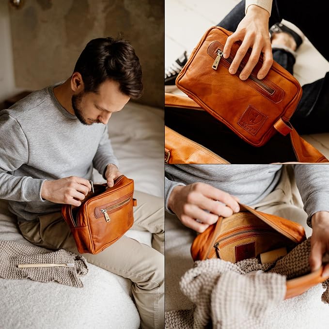 BERLINER BAGS Vintage Genuine Leather Toiletry Bag Paul, Large Capacity Cosmetics Bag for Men and Women for Travel - Brown (1 Compartment) - Image 7