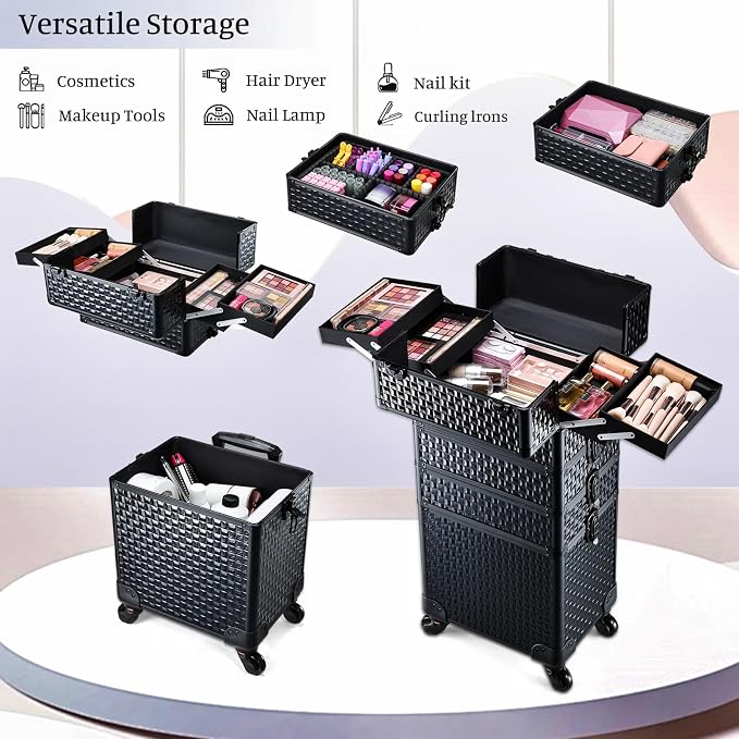4 in 1 Rolling Makeup Trolley Train Case Cosmetic Suitcase Nail Tech Box for Makeup Artist, Hairstylists, Nail Tech Case with with Keys Swivel Wheels Traveling Trunk (Shiny Brick) - Image 2