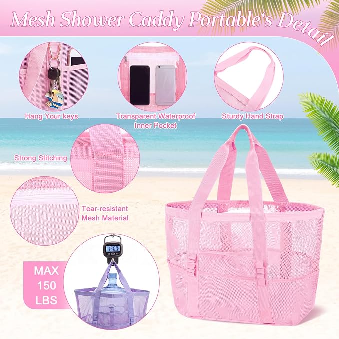 Hillban Large Beach Mesh Bags Bulk for Women Beach Tote Bag with 8 Pocket Zipper Waterproof Sandproof for Pool Cruise Ship - Image 3