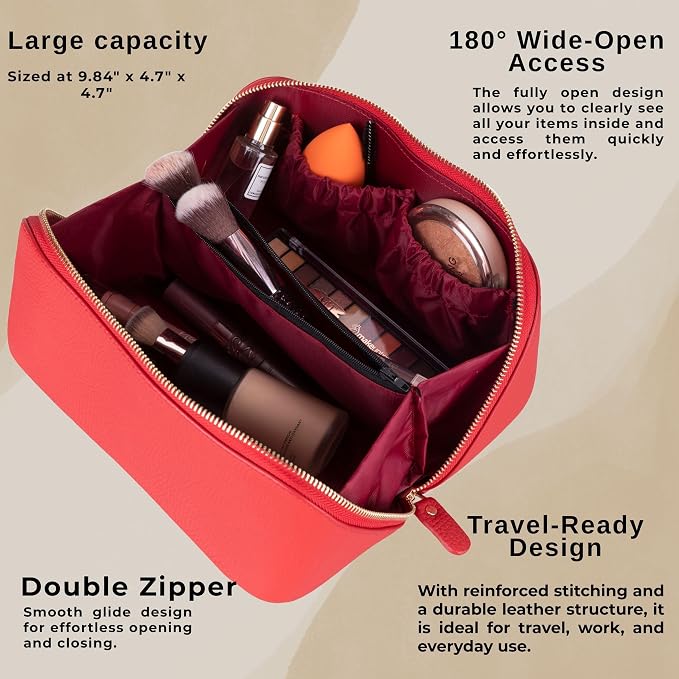 VENOULT Makeup Bag, Spacious Cosmetic Case for Women, Portable 180° Wide-Open Flat Cosmetic Bag, Travel Toiletry Organizer with Handle, Hanmdade, Full Grain Genuine Turkish Leather (Carmine) - Image 2