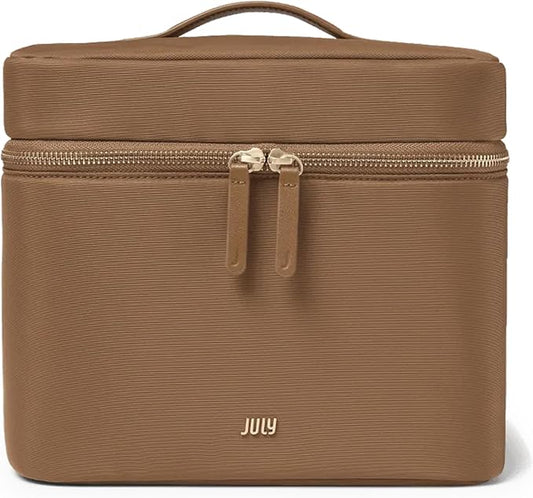 July Vanity Cosmetic Case - Stylish Travel Makeup Bag for Women with Removable Wet Pouch, Upright Bottle Design, Clear Top Pocket, Leather Handle, Travel Essentials, Toiletry Organizer - Light Brown by Unknown