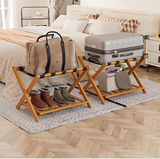 Smart FENDEE Pack of 2 Fully Assembled Bamboo Luggage Racks with Shoe Shelf, 5 Heavy-Duty Straps Folding Suitcase Stand, Luggage Holders for Guest Room Must Haves, Ideal for Bedroom, Hotel, Honey Oak by SmartFENDEE