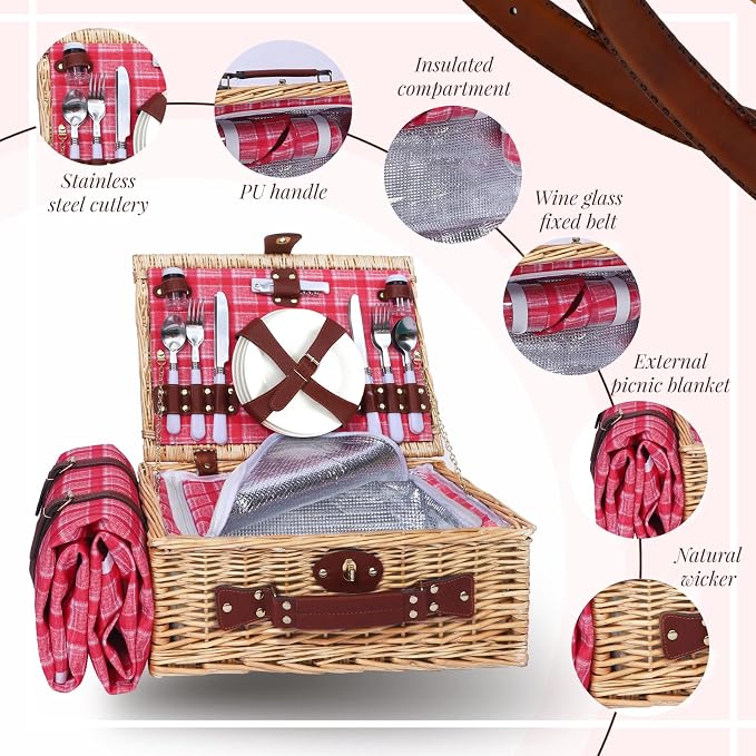 Picnic Baskets Wicker Willow Picnic Set for 4 Persons with Insulated Cooler Bag and Waterproof Pink Plaid Picnic Blanket Gift for Christmas Thanksgiving Wedding Birthday Camp Outdoor Beach Travel - Image 4