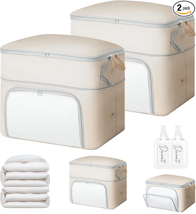 Comforter Storage Bag - Large Capacity Blanket Storage Bags Front-opening Ultra Space Saving Self Compression Organizer, Washable Compression Bags for Storage Comforter Blanket, 2 Pack, Beige by EasortmPackingCubes
