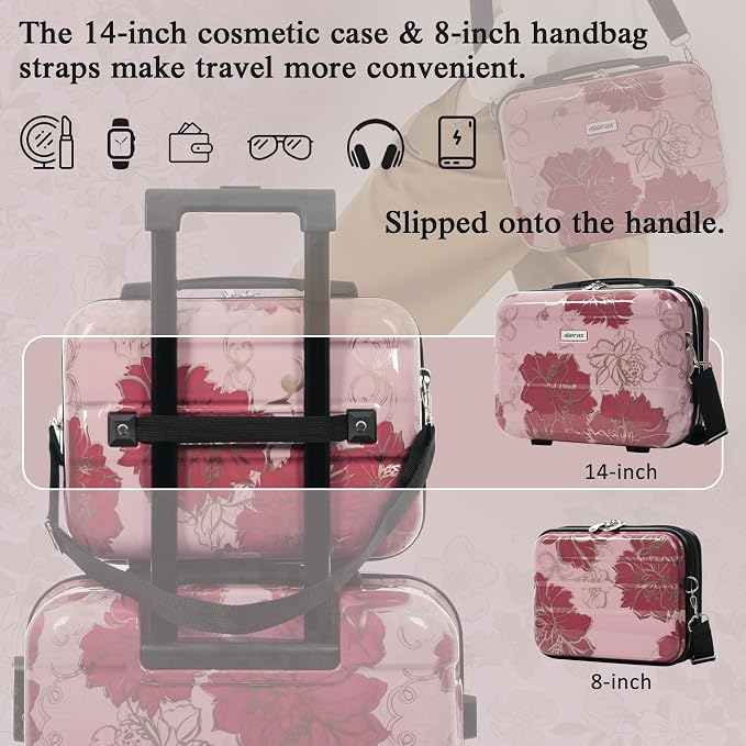 Merax Luggage Set,5 Piece Luggage with Handbag and Cosmetic Case | Hardside Printing Suitcase with Wheels,Carry on Luggage Airline Approved(Purple Pink Flower,8/14/20/24/28) - Image 4