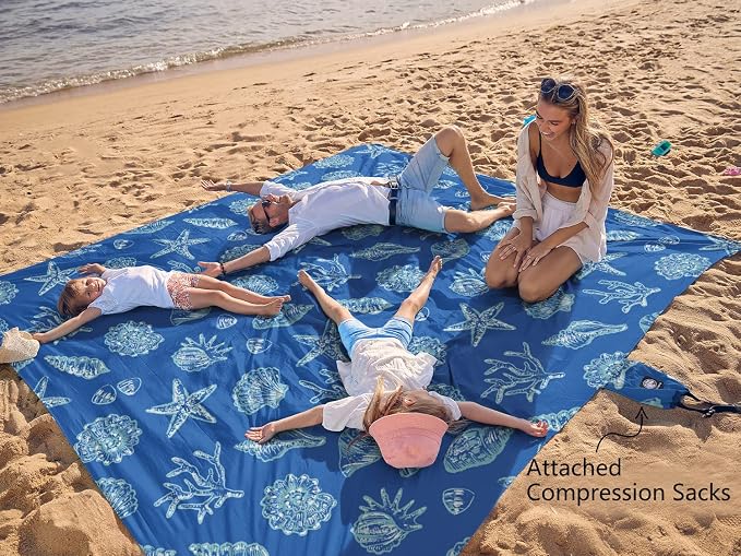 WEKAPO Beach Blanket Waterproof Sandproof Oversized, Extra Large Beach Mat Sand Free, Lightweight & Compact Sand Free Mat with 5 Stakes & 4 Corner Pockets - Image 3