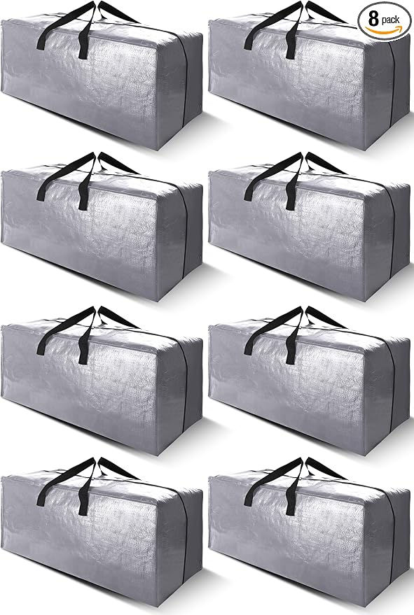 Cosy Family 8 Pack Heavy Duty Extra Large Moving Bags with Backpack Straps - Strong Handles & Zippers, Storage Totes For Space Saving, Fold Flat, Alternative to Moving Box (Set of 8, Silver) by Cosy+Family