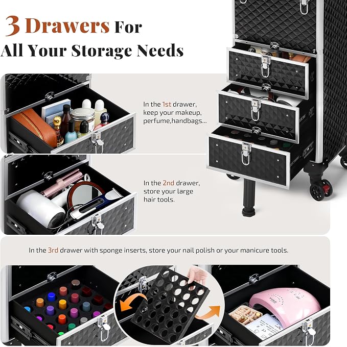 Rolling Makeup Train Case with 3 Drawers, Nail Trolley Cart Salon Station Cosmetology Case on Wheels Organizer Cases for Nail Tech,SPA,Face Painting,Hairstylist,Makeup Artist (Silver & Black) - Image 5