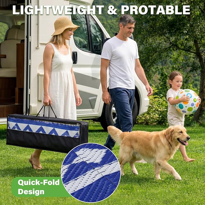 GOTGELIF 9x18 ft RV Camping Rug Waterproof, Large Reversible Bohemian Outdoor Plastic Straw Mat with Carry Bag, 4 Stakes & Seam, UV-Resistant Portable Carpet for Patio Pool Beach Deck (Blue & White) - Image 7