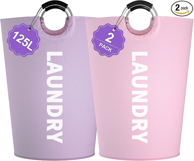 2Pack 125L Extra Large Laundry Baskets, Collapsible Laundry Hamper with Soft Handles, Dirty Clothes Basket in 600D Oxford Fabric, Sturdy Clothes Hampers for Travel, Family, Purple + Pink by IHOMAGIC