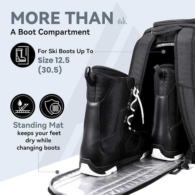 Hikenture Ski Boot Bag Backpack, 50L Padded Ski Bag & Snowboard Boot Bag with Drain Holes, Large Capacity Water-Resistant Ski Travel Bag for Ski Boots, Helmet, Goggles, Clothes, Gloves, Snowboard Gear - Image 3