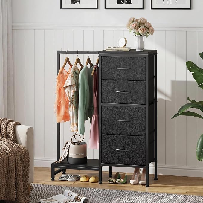 HIGDBFE Tall Dresser 44''H with Hanging Rack, 4 Drawers Small Closet Dresser for Bedroom, Reversible Fabric Chest of Drawers with Clothes Rack, Tall Storage Tower, Sturdy Frame, Black - Image 3