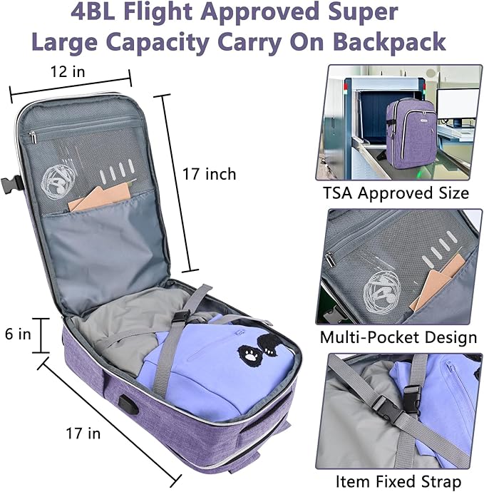 Personal Item Travel Carry On Luggage Backpack for Women Men Flight Approved Casual Weekender Laptop Bag for College Business Outdoors Hiking Water Resistant Lightweight Daypack with USB Charging Port - Image 3