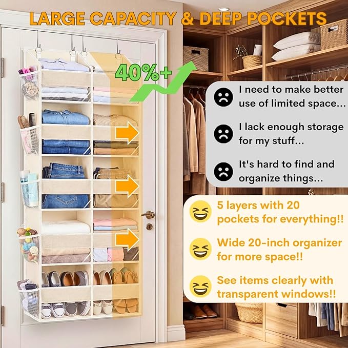 2 Pack Over the Door Organizer 5 Tiers, Extra Large Behind Door Storage of 10 Compartments, 80 lbs Weight Capacity Over Door Organizer, Door Hanging Organizer for Closet, Diaper Organizer, Beige - Image 2
