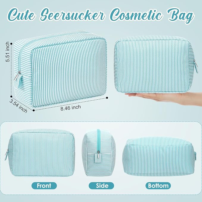 Sanwuta 6 Seersucker Cosmetic Bag Bulk Striped Makeup Bag for Women Aesthetic Cute Travel Toiletry Organizer Preppy Storage Pouch for Wedding Bridesmaid Mother's Day Teacher Gift (Large,Mint Blue) - Image 2